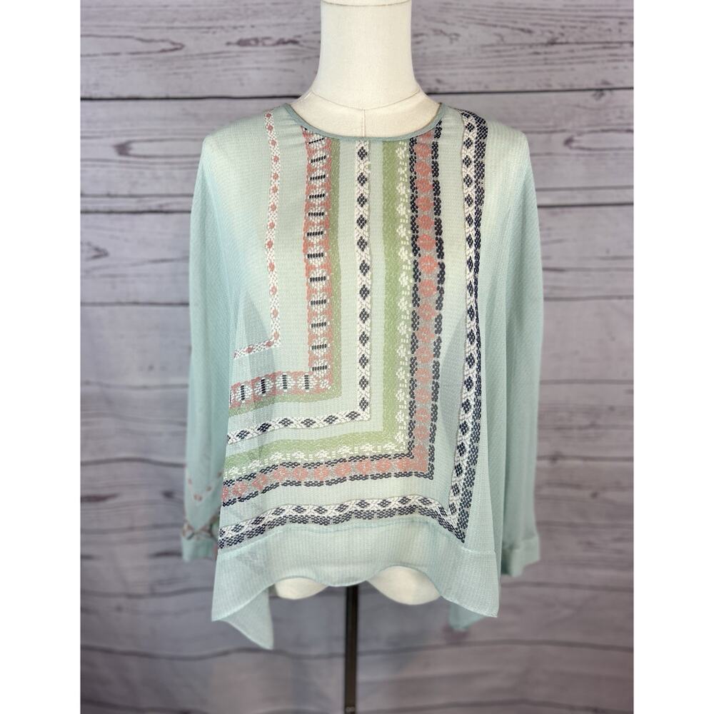 BCBGMaxAzria Ginevia Poncho Top Women M L Aqua Blue Green Geometric Embroidered